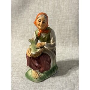 VTG Made In Japan Old Woman Sitting Holding Fish Figurine Ceramic Collectible 6"